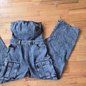 Windsor Black Acid Wash Strapless Cargo Jumpsuit – Size S